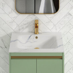 Royal Bathrooms Orion 600mm Mint Sage 2 Drawer Floor Standing Vanity Unit With Carrara White Basin & Brushed Brass Accent Trim - thumbnail 5