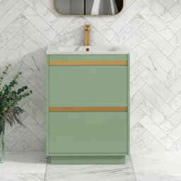 Royal Bathrooms Orion 600mm Mint Sage 2 Drawer Floor Standing Vanity Unit With Carrara White Basin & Brushed Brass Accent Trim - thumbnail 1