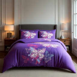 Duvet Cover And Pillowcase Set Butterfly Design Polycotton Bed Linen Purple