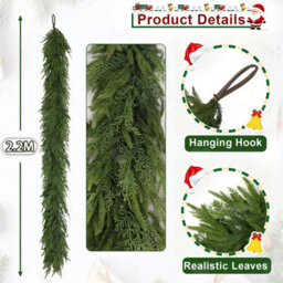 Amorly 2.2M Real Touch Christmas Pine Garland, Artificial Norfolk Pine Greenery, Realistic Cedar Garland For Home Xmas Festive Decoration - thumbnail 6
