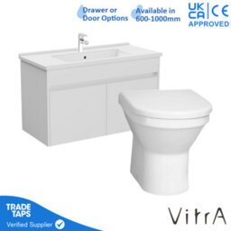 Vitra 1000mm Wall Hung Bathroom Vanity Unit With 2 Doors Includes Basin, Chrome Tap And Back To Wall Toilet - White Gloss - thumbnail 1