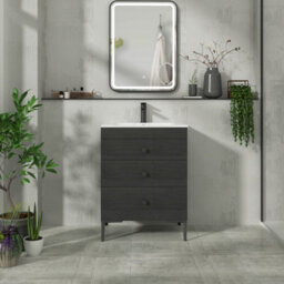 Royal Bathrooms Royal Bathroom Verona 600mm Black Woodgrain 3-Drawer Floor Standing Bathroom Vanity Unit Carrara White Basin & Matt Black Knob - thumbnail 4