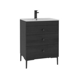 Royal Bathrooms Royal Bathroom Verona 600mm Black Woodgrain 3-Drawer Floor Standing Bathroom Vanity Unit Carrara White Basin & Matt Black Knob - thumbnail 6