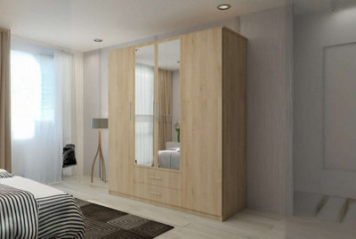 M N Furniture Ltd Wardrobe With Led Light Modern 4 Door Hinged Wardrobe Mirror And Drawers - Bedroom Cabinet (Oak,171Cm) - image 1