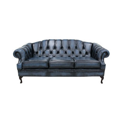 Chesterfield 3 Seater Antique Blue Leather Sofa Settee Custom Made In Victoria Style - image 1