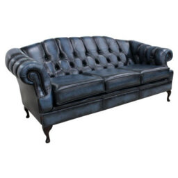 Chesterfield 3 Seater Antique Blue Leather Sofa Settee Custom Made In Victoria Style - thumbnail 2