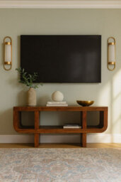 Artisan Furniture Solid Wood Orion Curved Chestnut Media Unit, 3 Open Shelves, Dark Brown - thumbnail 1