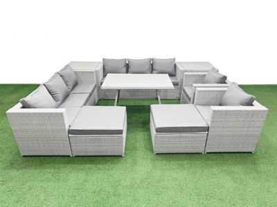 Fimous 10 Seater Garden Furniture Set Pe Ratten Garden Sofa Set With Rectangular Dining Table 2 Big Stool 2 Side Table Light Grey - image 1