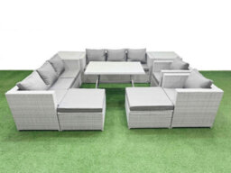 Fimous 10 Seater Garden Furniture Set Pe Ratten Garden Sofa Set With Rectangular Dining Table 2 Big Stool 2 Side Table Light Grey - thumbnail 2