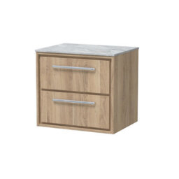 Hudson Reed Lille Wall Hung Two Drawer Contemporary Vanity Unit With Marble Worktop In Bleached Oak, 610 X 460mm - thumbnail 2