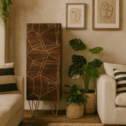 Wyld Haus Bandung Tall Chest Of 5 Drawers In Dark Mango Wood With Gold Inlay