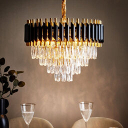 Wyld And Coco Glamour Chandelier Gold And Black Iron Pendant With Crystals, W50 X D50 X H118Cm - thumbnail 2