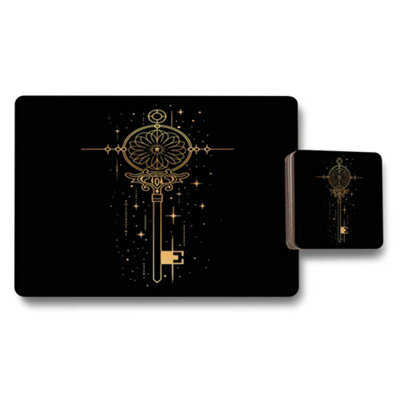Benjamin Tate Design Gold Key Motif Placemat Coaster Set In Black With Wood Base, Art Deco Luxury Collection, Limited Edition - image 1