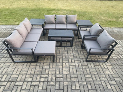 Fimous Aluminium Outdoor Garden Furniture Lounge Sofa 2 Pc Chairs Coffee Table Sets With 2 Side Tables 3 Footstools Dark Grey - image 1