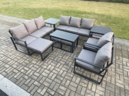 Fimous Aluminium Outdoor Garden Furniture Lounge Sofa 2 Pc Chairs Coffee Table Sets With 2 Side Tables 3 Footstools Dark Grey - thumbnail 2