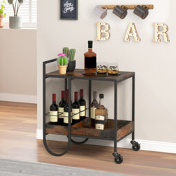 Costway Industrial Bar Trolley Cart Rolling Buffet Serving Cart W/ Metal Wire Wine Rack