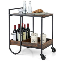 Costway Industrial Bar Trolley Cart Rolling Buffet Serving Cart W/ Metal Wire Wine Rack - thumbnail 2