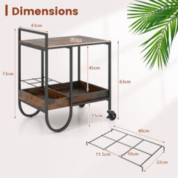 Costway Industrial Bar Trolley Cart Rolling Buffet Serving Cart W/ Metal Wire Wine Rack - thumbnail 3