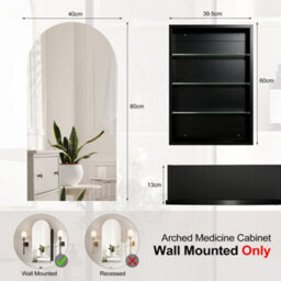 Keepreaper Sleek Arched Bathroom Mirror Cabinet Black Wall-Mounted With Adjustable Shelf 40 X 80 Cm - thumbnail 2