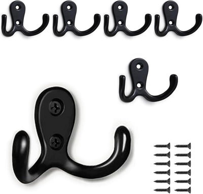 6 Pack Double Metal Hooks With Screws For Hanging Clothes, Towels, Keys, For Living Room, Bedroom, Bathroom, Kitchen (Black) - image 1