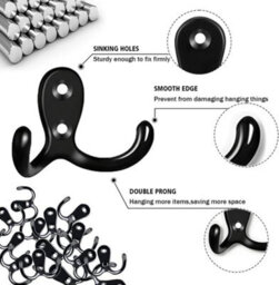 6 Pack Double Metal Hooks With Screws For Hanging Clothes, Towels, Keys, For Living Room, Bedroom, Bathroom, Kitchen (Black) - thumbnail 2