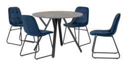 Seconique Athens Round Dining Set With Lukas Chairs - Concrete Effect/black/sapphire Blue Velvet