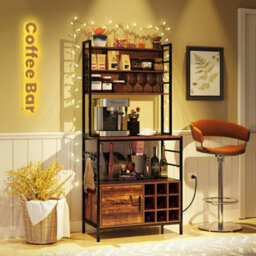 Coffee Bar Cabinet With S-Shaped Hooks & Wine Bottle Holders Rustic Brown - thumbnail 4