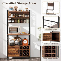 Coffee Bar Cabinet With S-Shaped Hooks & Wine Bottle Holders Rustic Brown - thumbnail 3