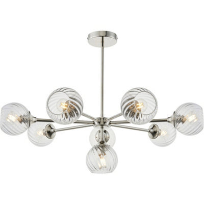 Loops Multi Arm Hanging Ceiling Pendant Light - Bright Nickel Plate & Clear Spiral Glass - 8 X 7W Led E14 - image 1