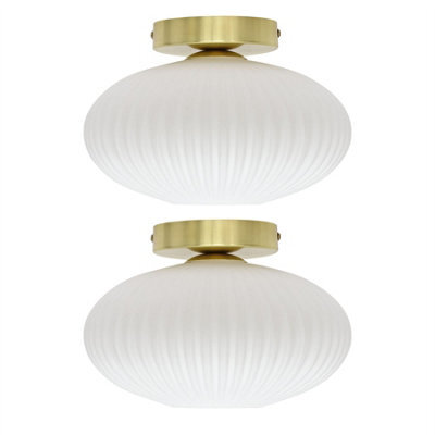 First Choice Lighting Set Of 2 Baton - White Ribbed Oval Glass Satin Brass Ceiling Lights - image 1