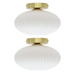 First Choice Lighting Set Of 2 Baton - White Ribbed Oval Glass Satin Brass Ceiling Lights - thumbnail 1