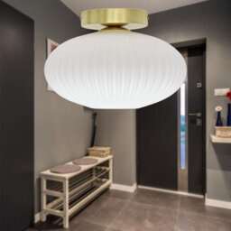 First Choice Lighting Set Of 2 Baton - White Ribbed Oval Glass Satin Brass Ceiling Lights - thumbnail 4