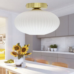 First Choice Lighting Set Of 2 Baton - White Ribbed Oval Glass Satin Brass Ceiling Lights - thumbnail 5