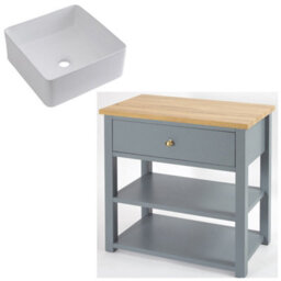 Homestylestore 840mm Light Grey And Oak Bathroom Vanity Unit With Square Countertop Basin And Gold Round Handle - thumbnail 1