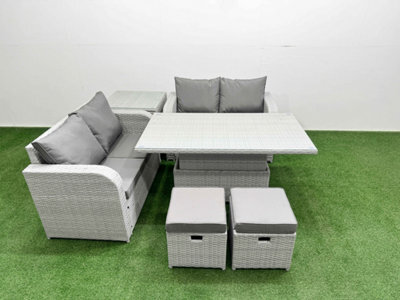 Fimous 6 Seater Outdoor Love Sofa Set Rattan Garden Furniture Set Adjustable Lifting Table 2 Small Stools Side Table Light Grey - image 1
