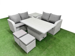 Fimous 6 Seater Outdoor Love Sofa Set Rattan Garden Furniture Set Adjustable Lifting Table 2 Small Stools Side Table Light Grey - thumbnail 2