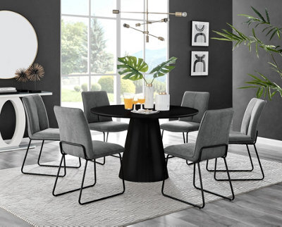 Furniturebox Uk Palma Black Semi-Gloss Round Pedestal Dining Table & 6 Dark Grey Fabric Halley Black Leg Chairs - image 1