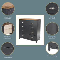 Core Products Dunkeld 4 Drawer Chest - Midnight Blue Painted Wood Bedroom Storage, H94.5 X W90 X D40 Cm - thumbnail 7
