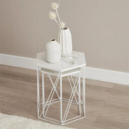 Set Of 2 White Marble Effect Side Tables Modern Living Room Bedside Sofa - thumbnail 2