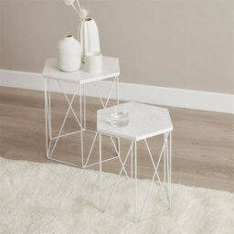 Set Of 2 White Marble Effect Side Tables Modern Living Room Bedside Sofa - thumbnail 1