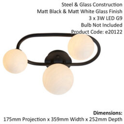 Semi Flush Multi Arm Bathroom Ceiling Light - Matt Black & White Glass - Oval - thumbnail 2