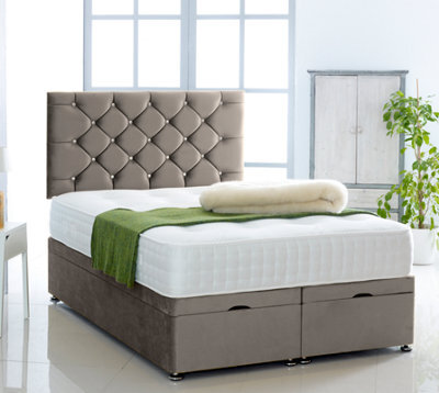 Grey Plush Foot Lift Ottoman Bed With Memory Spring Mattress And Studded Headboard 6.0 Ft Super King - image 1