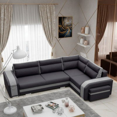 Assan Corner Sofa Bed With Ottoman Wooden Frame Wave Spring Foam Loose Pillows Dark Grey And Light Grey Right Side - image 1