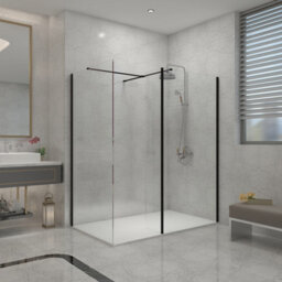 Sundaze Matt Black Walk In Wet Room Shower Enclosure 800mm & 800mm & 215mm Flipper Panel With 1400X800mm White Shower Tray - thumbnail 1