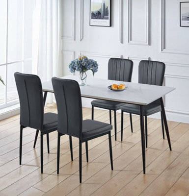 Hallowood Furniture Cullompton Large Rectangular Dining Table 160X90Cm, White Marble Effect Top, With 4 Black Faux Leather Chairs - image 1