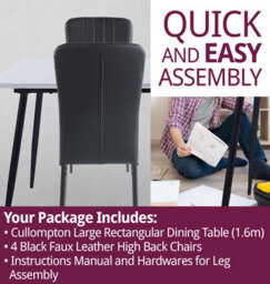 Hallowood Furniture Cullompton Large Rectangular Dining Table 160X90Cm, White Marble Effect Top, With 4 Black Faux Leather Chairs - thumbnail 7