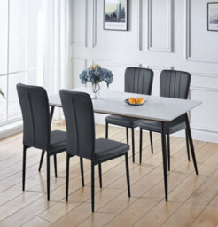 Hallowood Furniture Cullompton Large Rectangular Dining Table 160X90Cm, White Marble Effect Top, With 4 Black Faux Leather Chairs - thumbnail 1