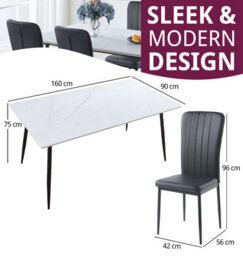 Hallowood Furniture Cullompton Large Rectangular Dining Table 160X90Cm, White Marble Effect Top, With 4 Black Faux Leather Chairs - thumbnail 3