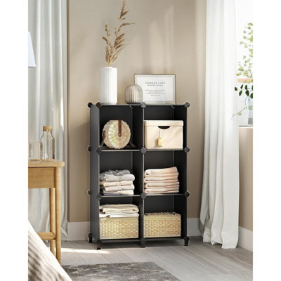 6 Cube Storage Unit, Modular Plastic Cube Storage Organiser With Feet, Shoe Rack, With Rubber Mallet, Black - image 1