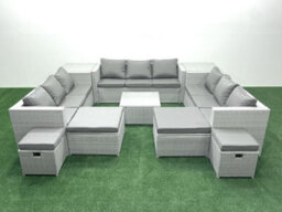 Fimous Garden Outdoor Furniture Set 14 Seater Rattan Sofa Set 2 Side Tables 4 Stools Light Grey - thumbnail 2